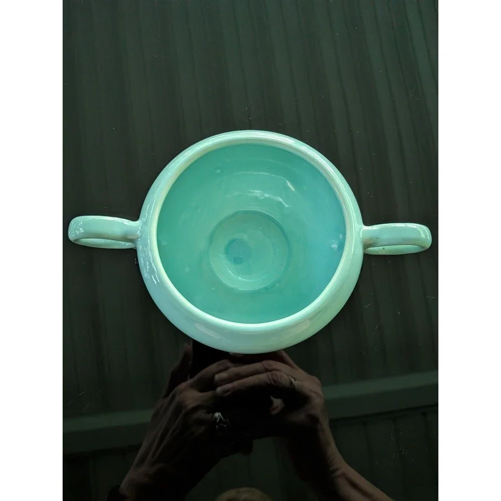 Mid Century Modern Vintage Mist Green Aqua Pottery Sugar Bowl Detailed Handles